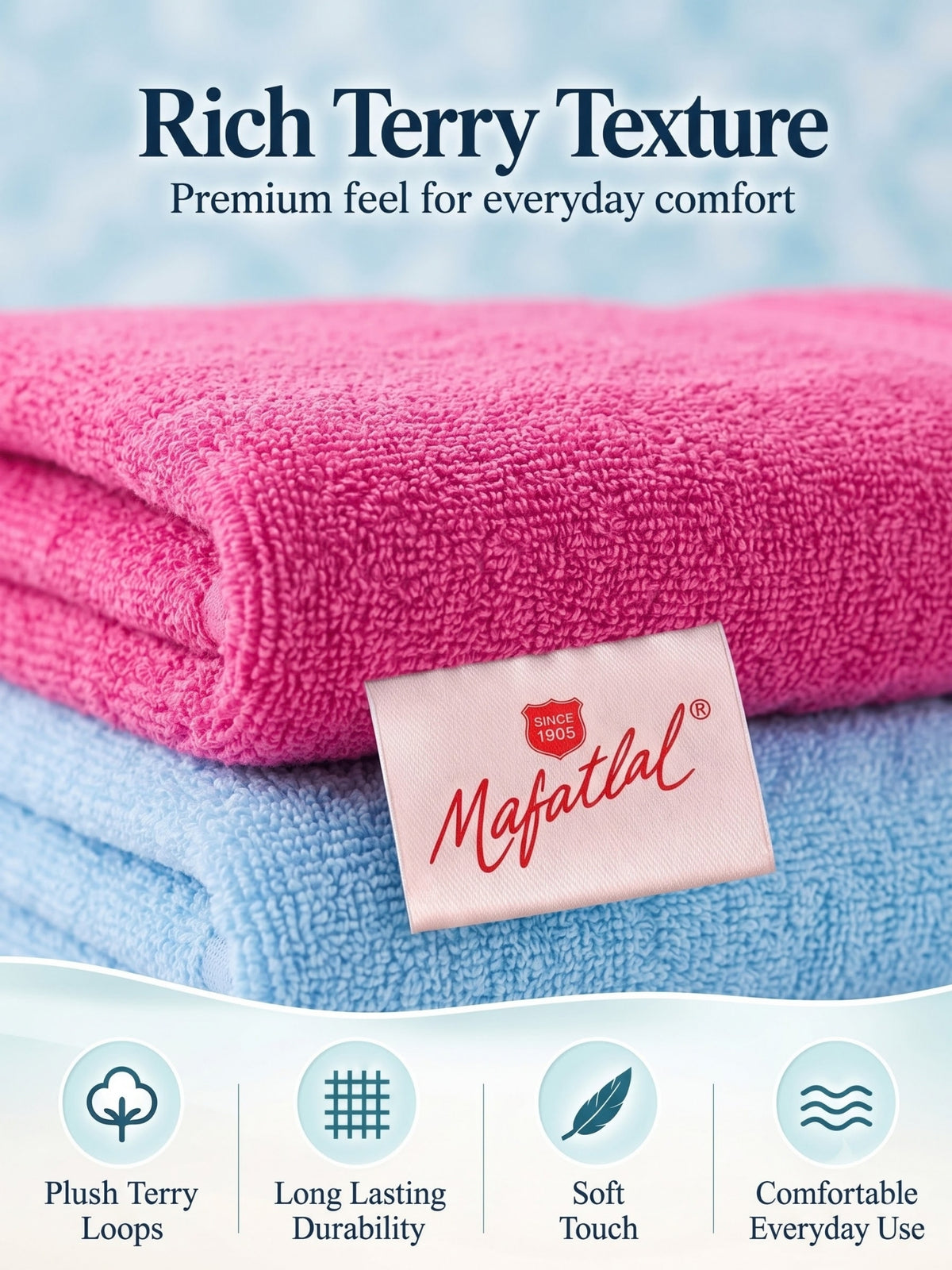 Daisy 100% Cotton Terry Bath Towel Set of 2 | 450 GSM | Soft & Absorbent | 75 x 150 cm| Rose Pink & Sky Blue