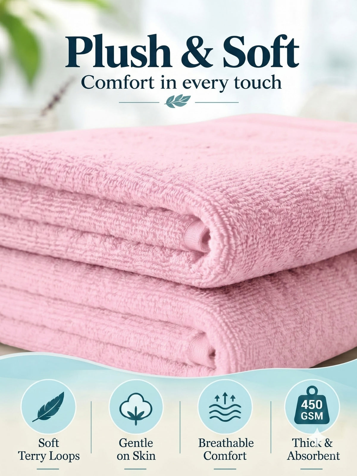 Daisy 100% Cotton Terry Bath Towel Set of 2 | 450 GSM | Soft & Absorbent | 75 x 150 cm| Baby Pink