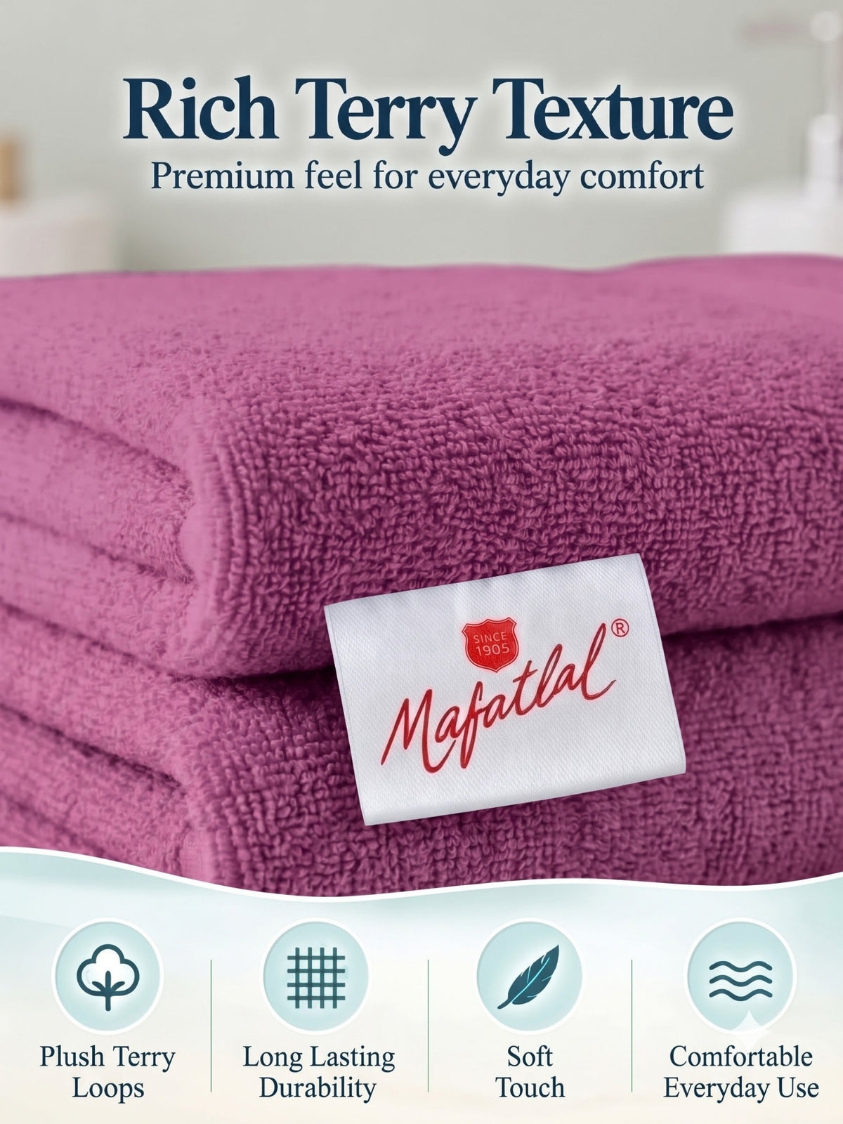 Daisy 100% Cotton Terry Bath Towel Set of 2 | 450 GSM | Soft & Absorbent | 75 x 150 cm| Dusty Rose