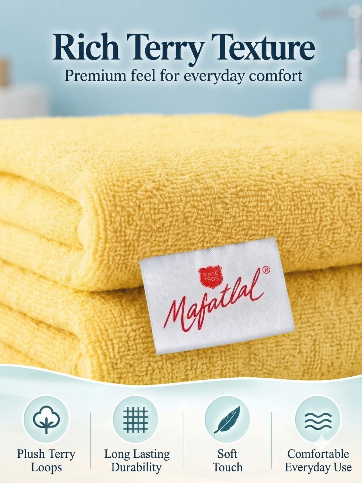 Daisy 100% Cotton Terry Bath Towel Set of 2 | 450 GSM | Soft & Absorbent | 75 x 150 cm| Lemon Yellow