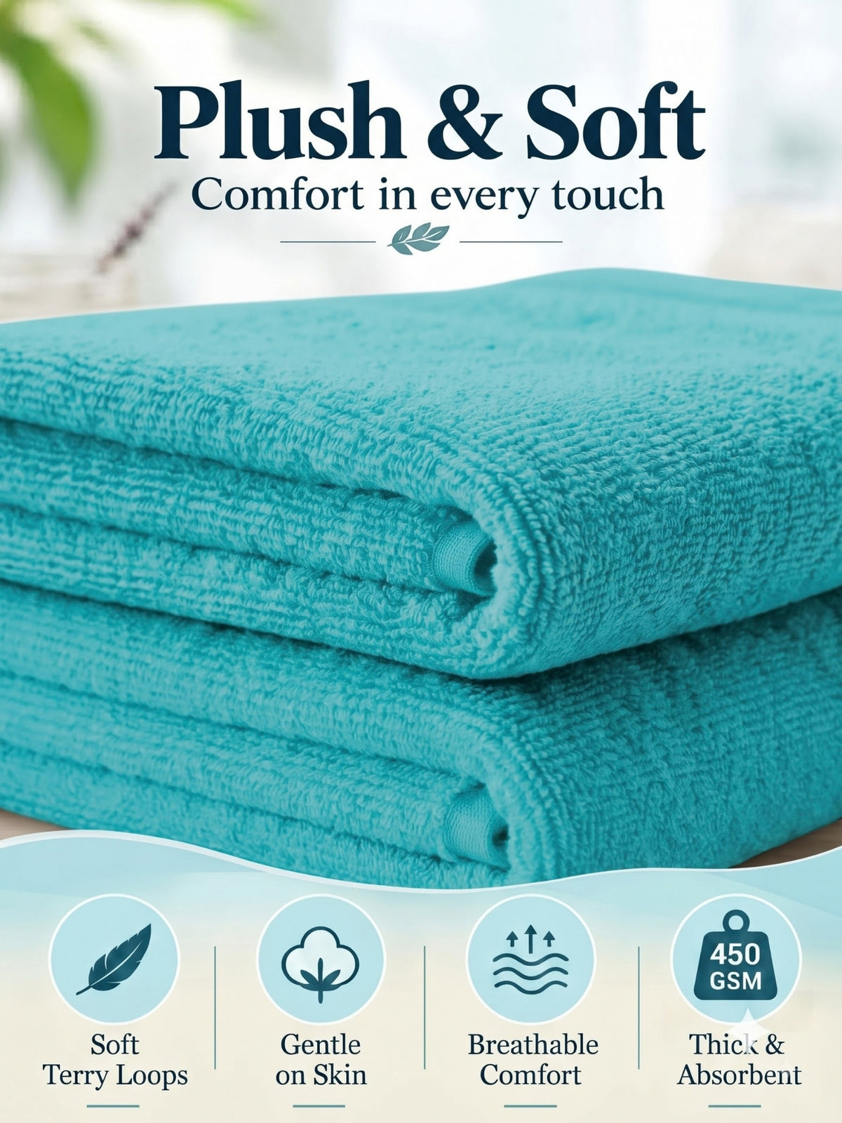 Daisy 100% Cotton Terry Bath Towel Set of 2 | 450 GSM | Soft & Absorbent | 75 x 150 cm|Aqua blue