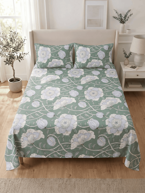 144 TC Fern Printed Cotton Double Bedsheet 90x100 with 2 Pillow Covers – Eucalyptus Green