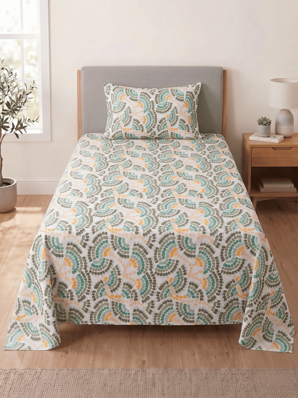 144 TC Fern Printed Cotton Single Bedsheet 90 x 60 Inches with 1 Pillow Cover – Off-White