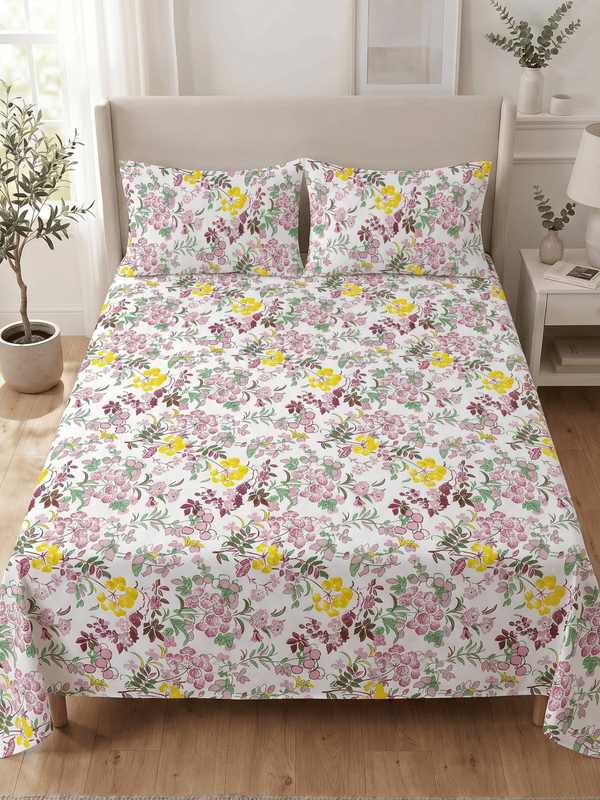 144 TC Fern Printed Cotton Double Bedsheet 90x100 with 2 Pillow Covers – Dusty Pink