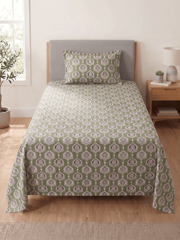 144 TC Fern Cotton Single Bedsheet 90 x 60 Inches with 1 Pillow Cover – Olive Green
