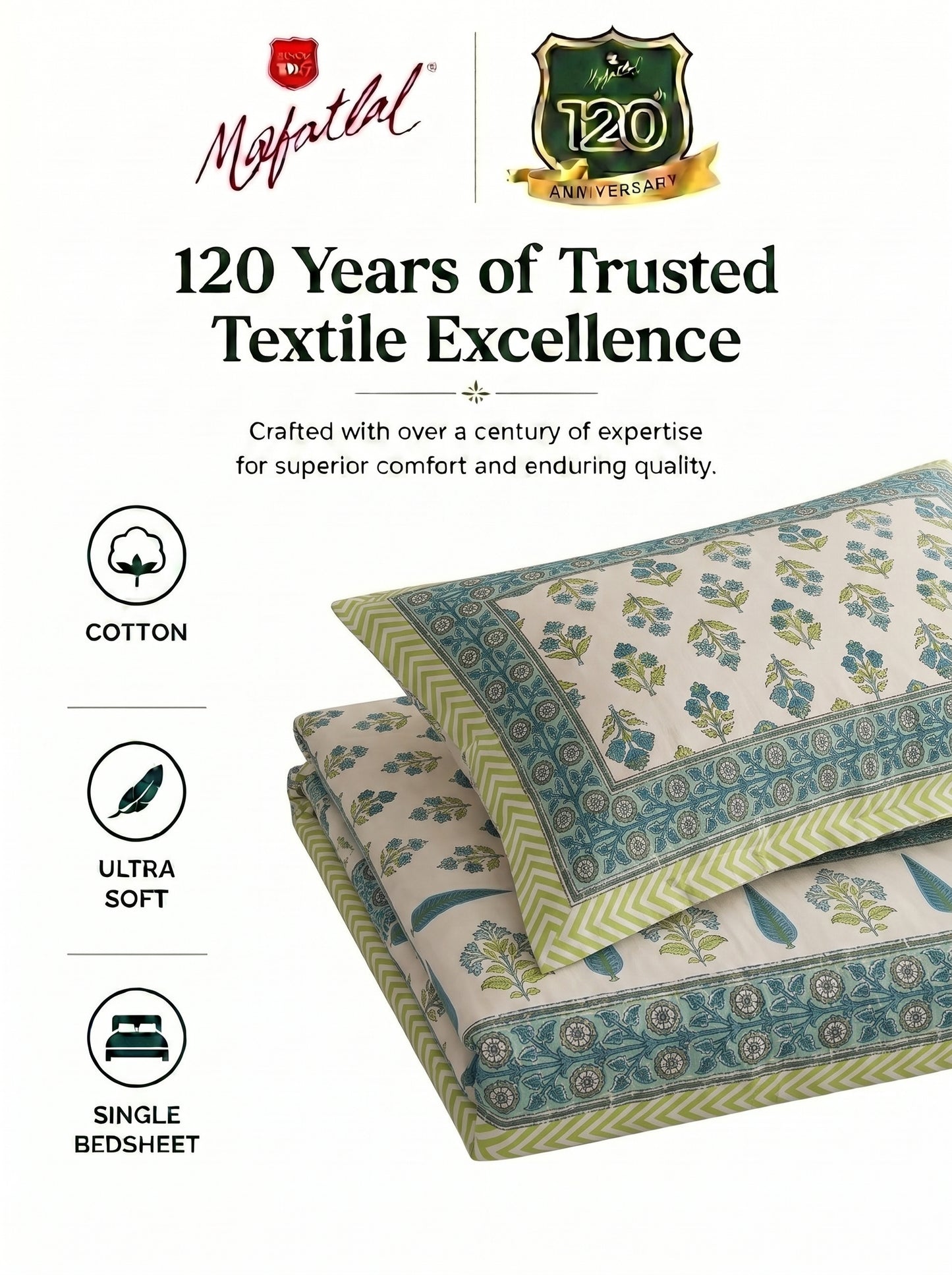 Heritage 144 TC 100% Cotton Single Size Bedsheet (90 x 60 Inches) | Pista Green