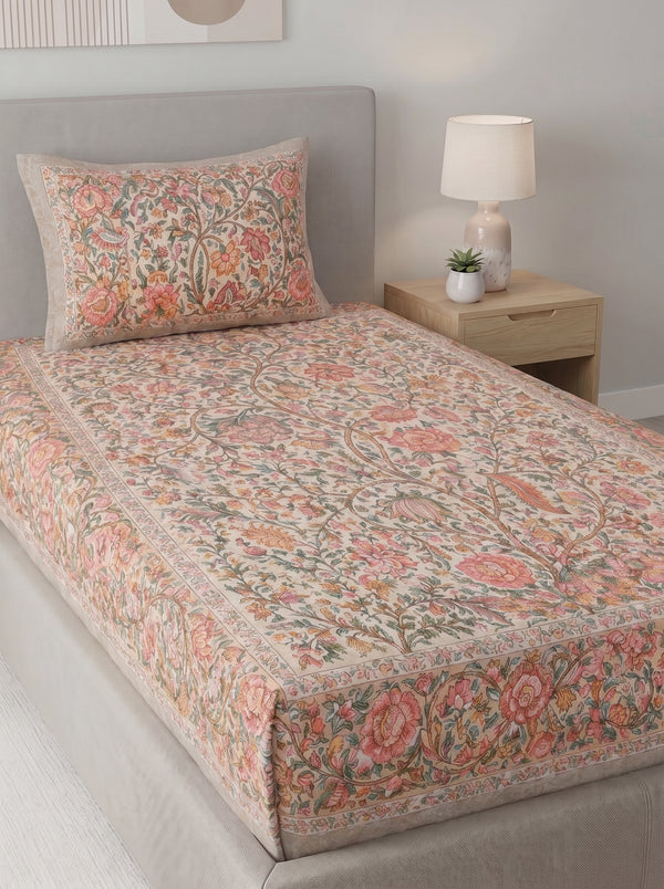 Heritage 144 TC 100% Cotton Single Size Jaipuri Printed Bedsheet (90 x 60 Inches) | Flesh Pink