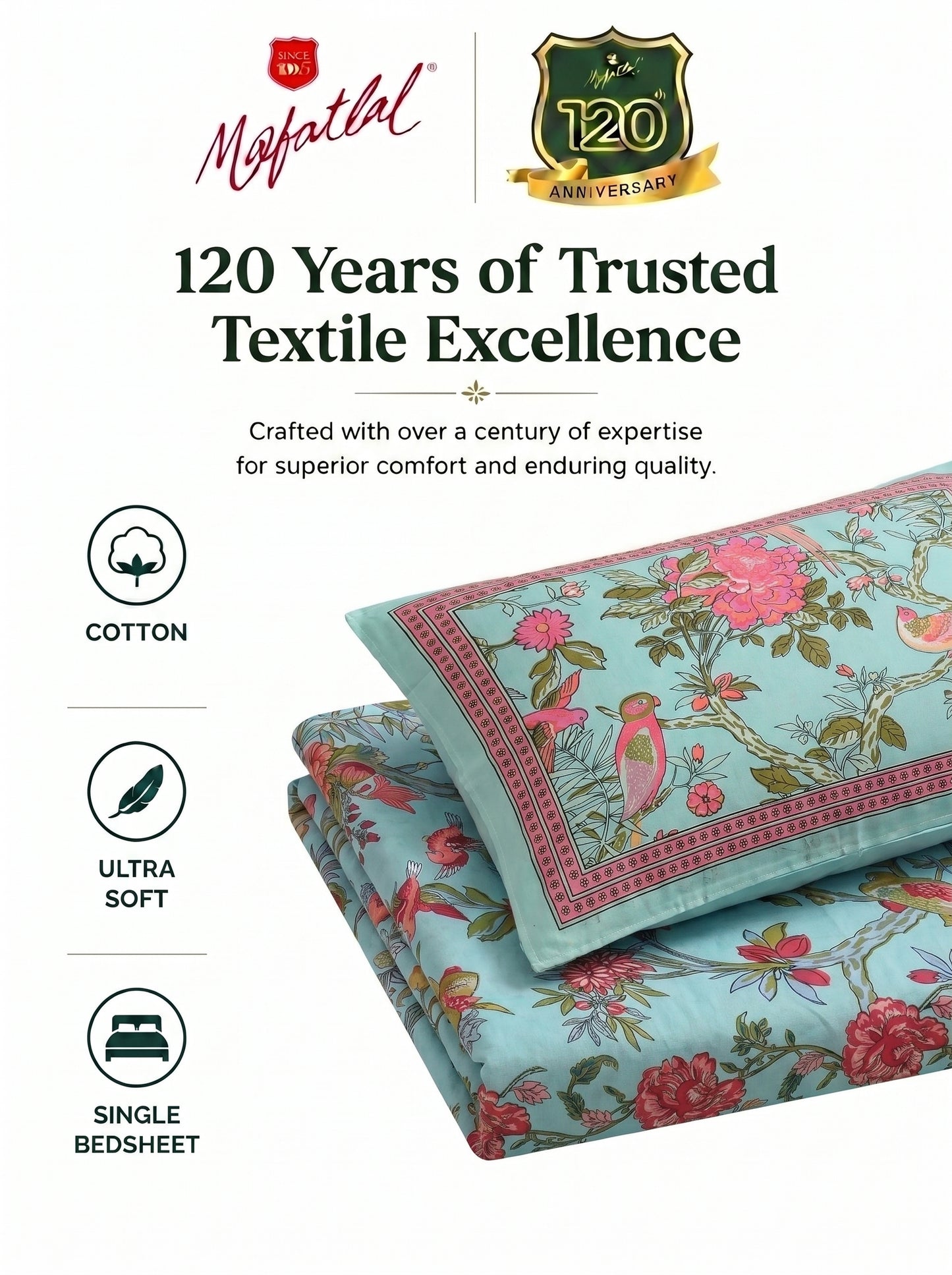 Heritage 144 TC 100% Cotton Single Size Jaipuri Bedsheet (90 x 60 Inches) | Teal Blue