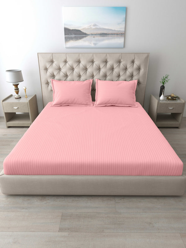 Italian Stripe King Size Bedsheet with 2 Pillow Covers | 210 TC Pure Cotton | Light Pink