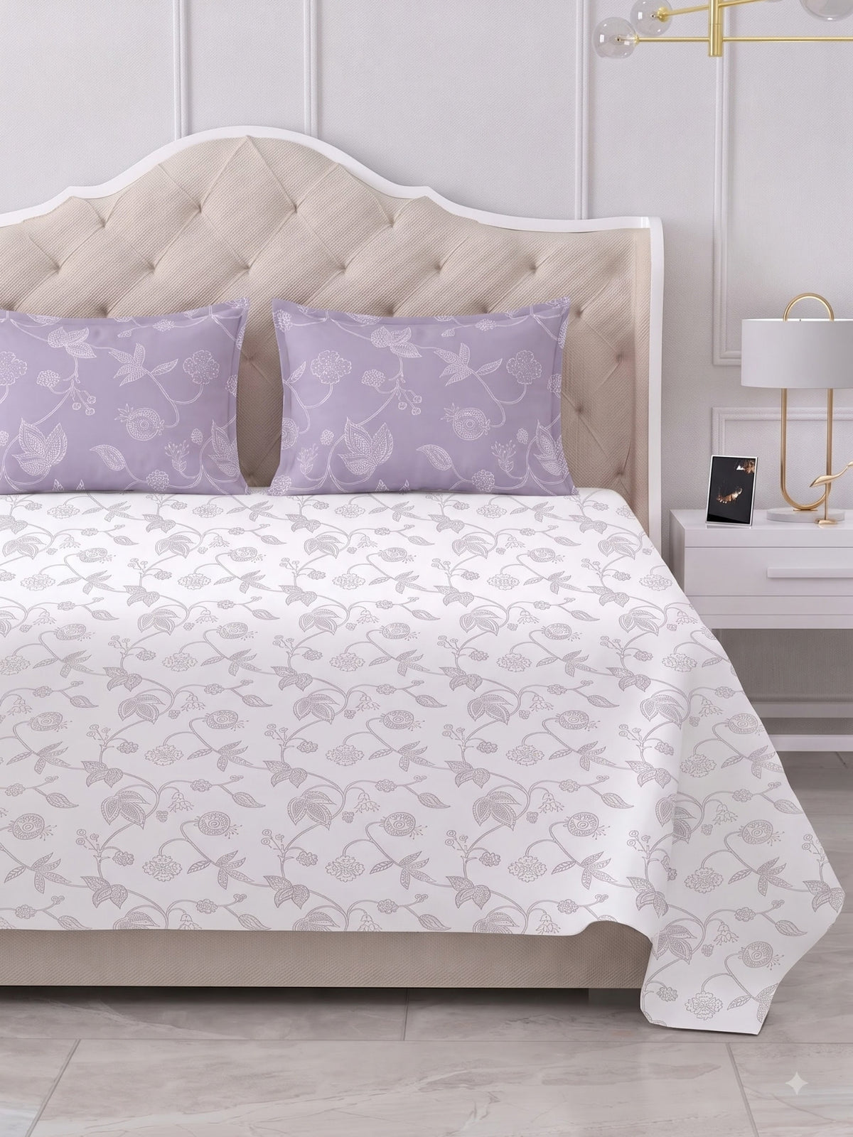 Premium 100% Cotton Satin King Size Bedsheet – 210 TC, 108 x 108 Inch| White & Lavender