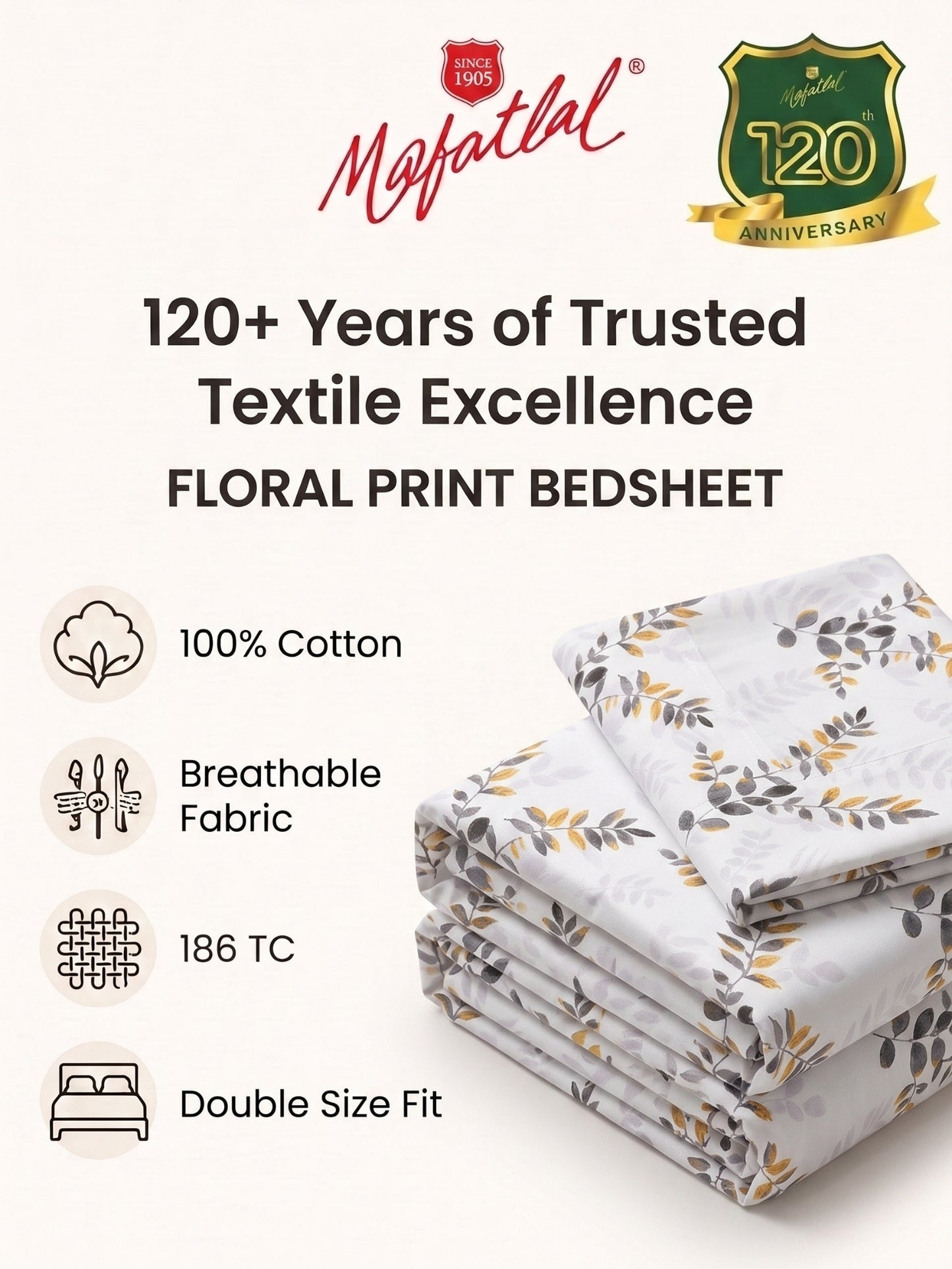 186 TC 100% Cotton Double Bedsheet 90 x 100 Inch with 2 Pillow Cover