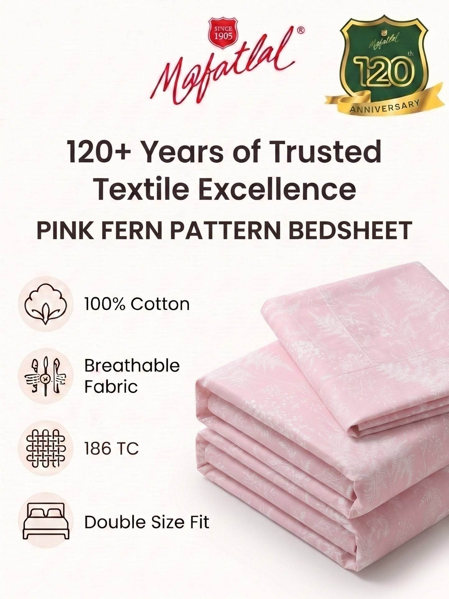 186 TC 100% Cotton Double Bedsheet 90 x 100 Inch with 2 Pillow Cover