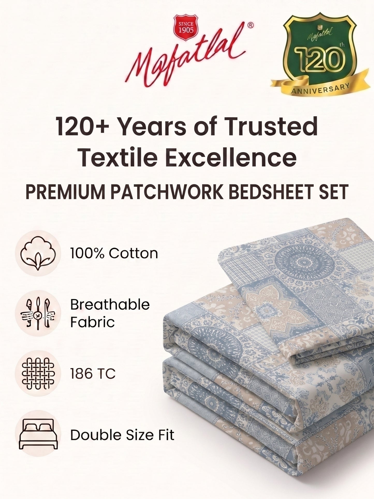 186 TC 100% Cotton Double Bedsheet 90 x 100 Inch with 2 Pillow Cover