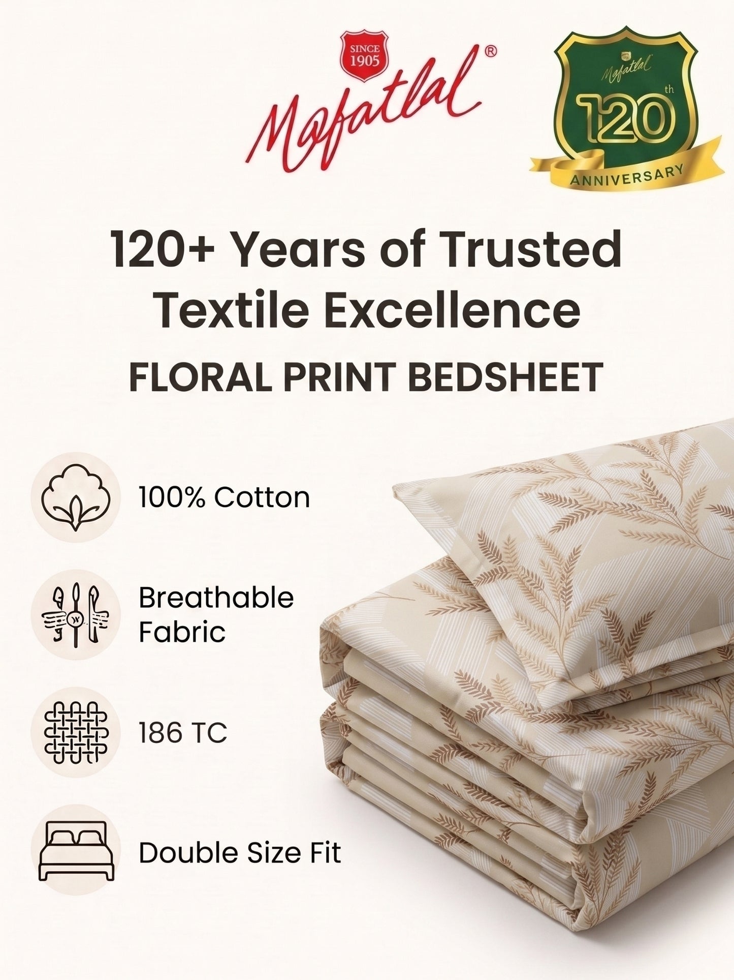 186 TC 100% Cotton Double Bedsheet 90 x 100 Inch with 2 Pillow Cover