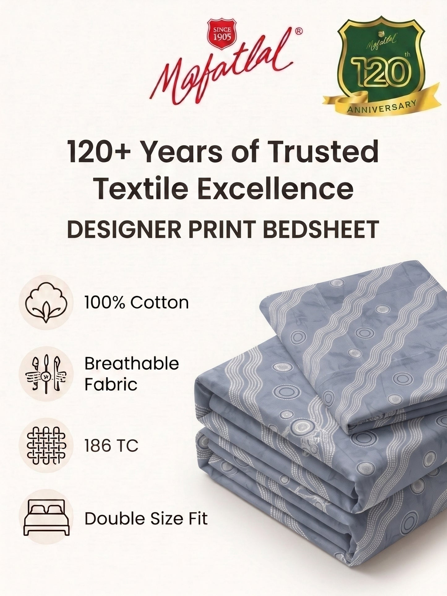 186 TC 100% Cotton Double Bedsheet 90 x 100 Inch with 2 Pillow Cover