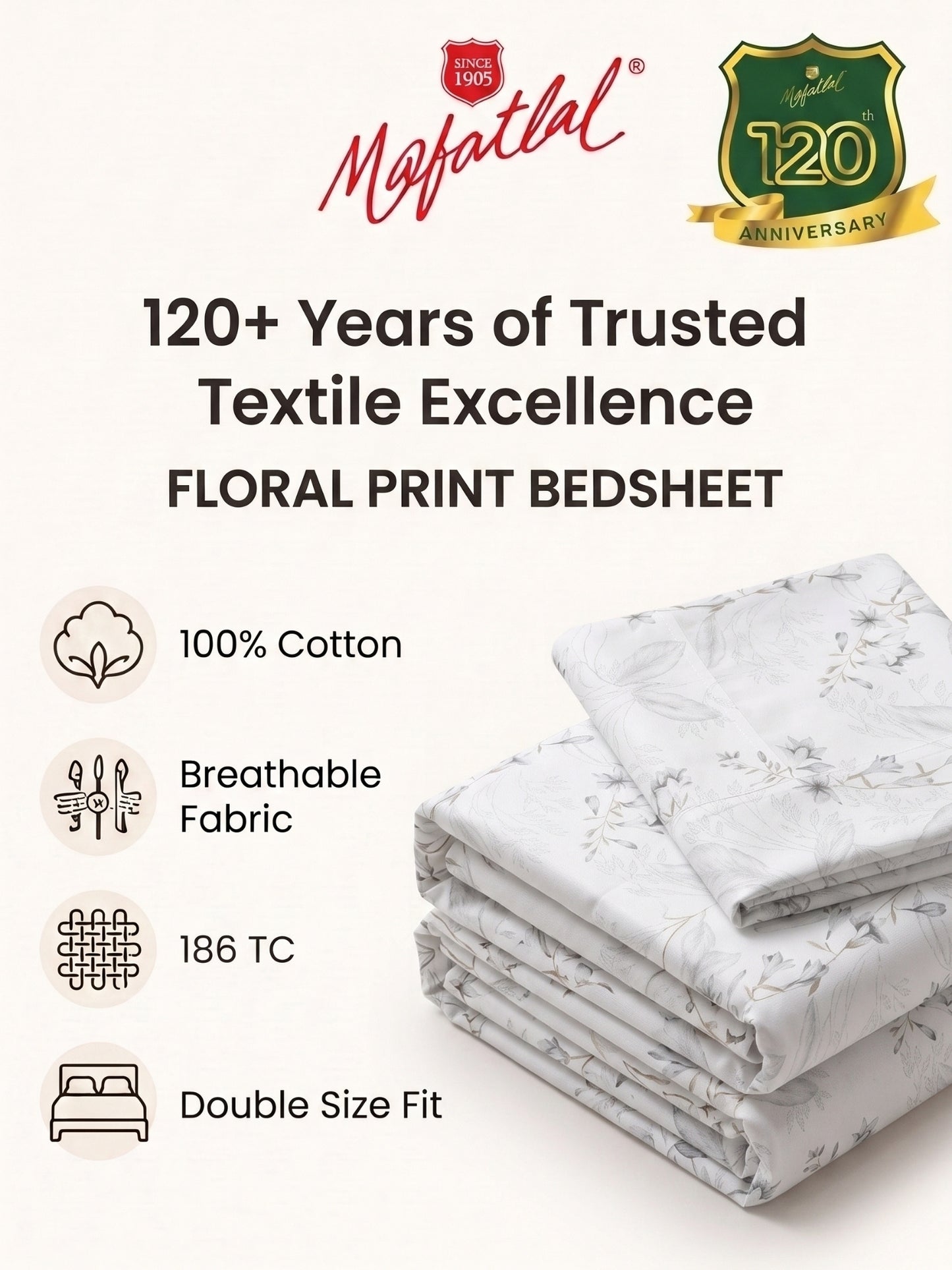 186 TC 100% Cotton Double Bedsheet 90 x 100 Inch with 2 Pillow Cover