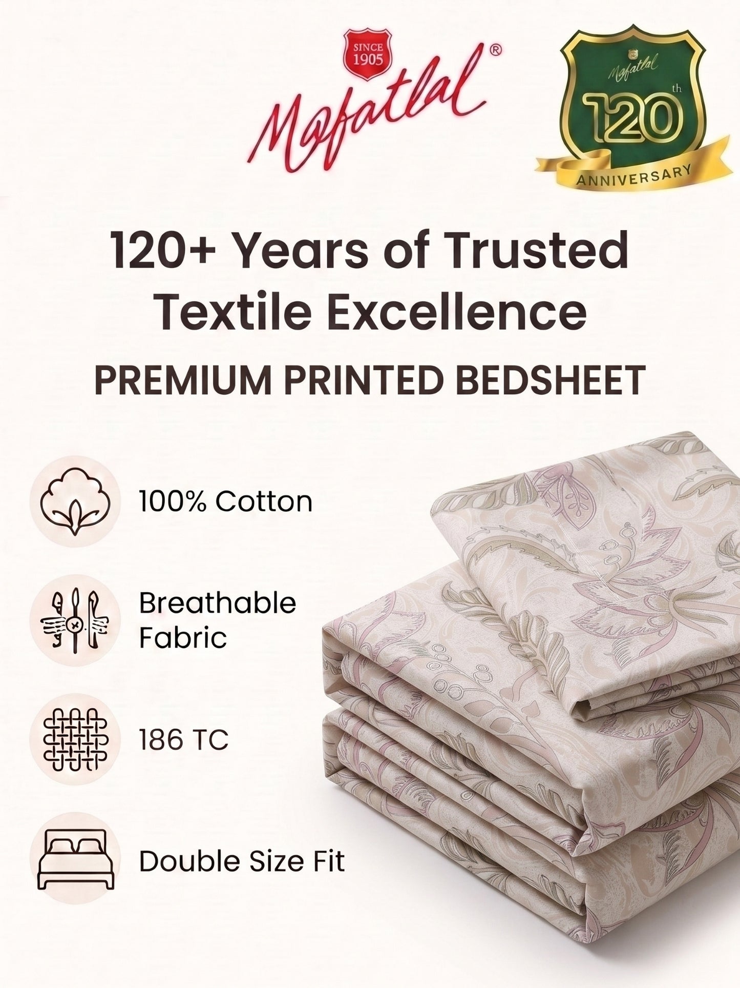 186 TC 100% Cotton Double Bedsheet 90 x 100 Inch with 2 Pillow Cover