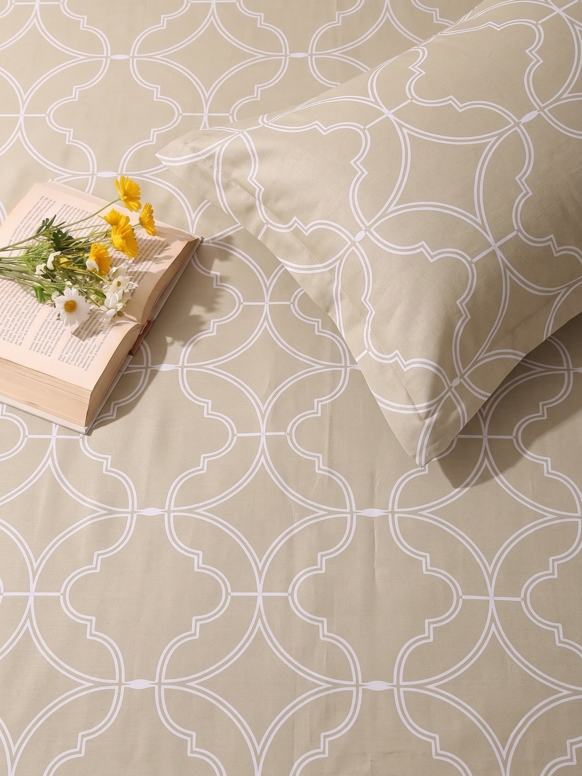 PLUMERIA King Size Bedsheet | 100% Cotton | 210 TC Premium Fabric | 108 x 108 Inches | 2 Pillow Covers|Cream Beige Print