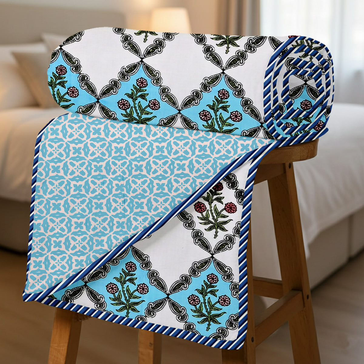 300 GSM Pure Cotton Malmal Single Bed Dohar | 58 x 88 Inch | Light Blue