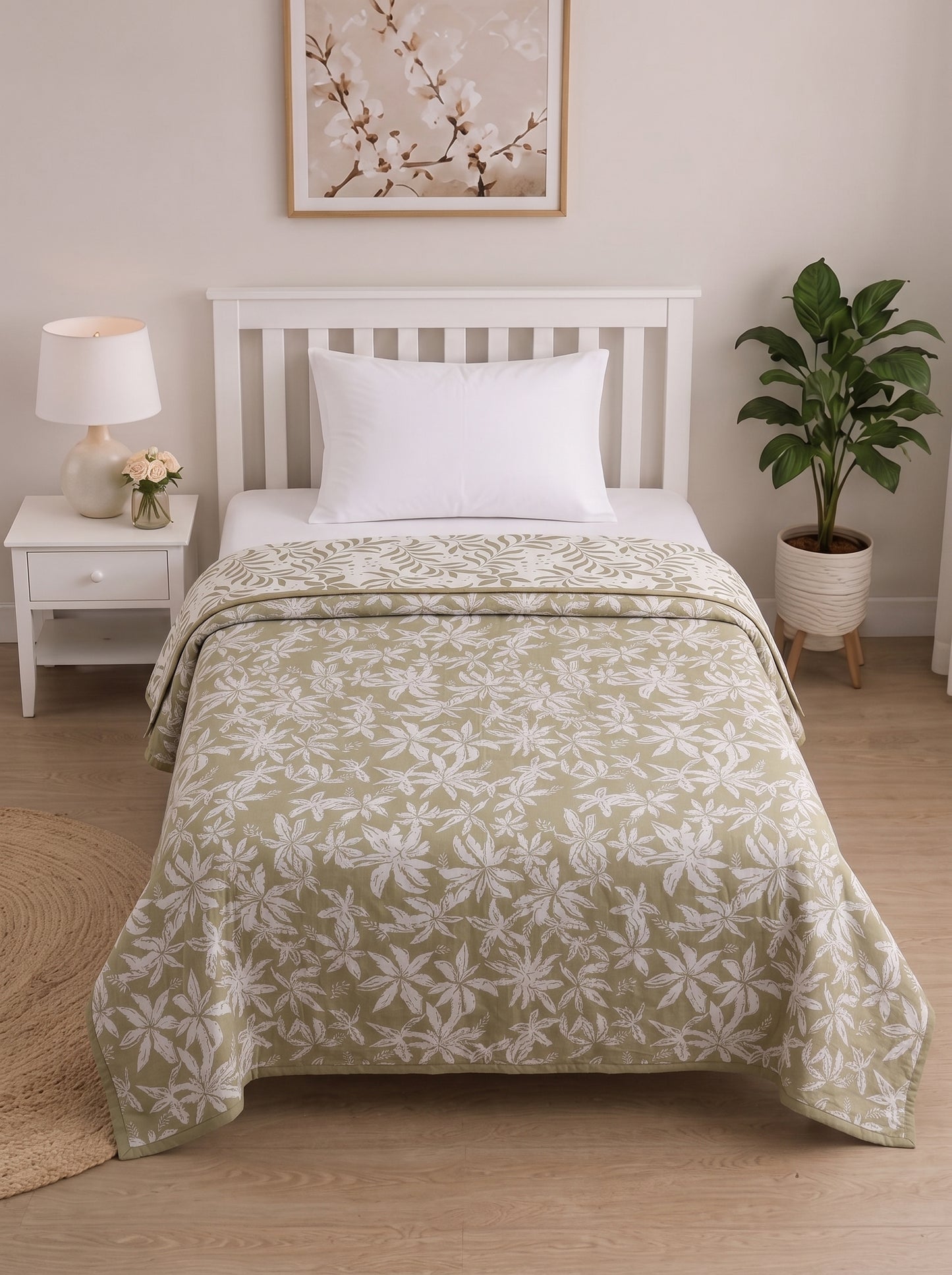 150 GSM Sparsh Cambric Cotton Reversible Single Bed Dohar 152 x 228 cm – Dusty Green