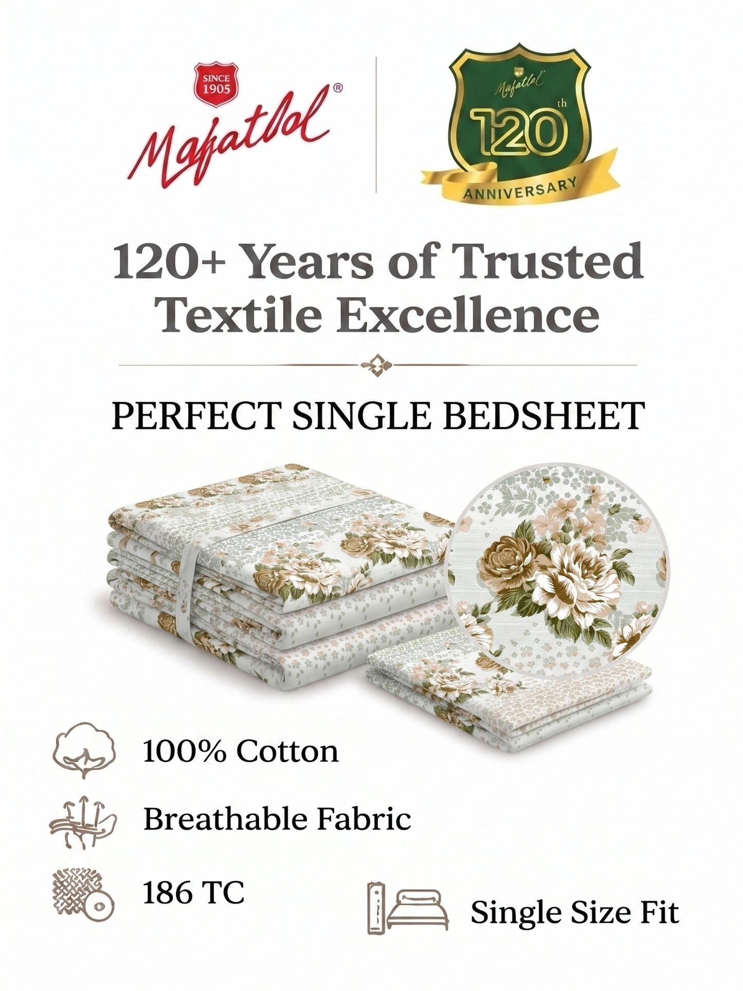 186 TC 100% Cotton Single Bedsheet | 90 x 60 Inches