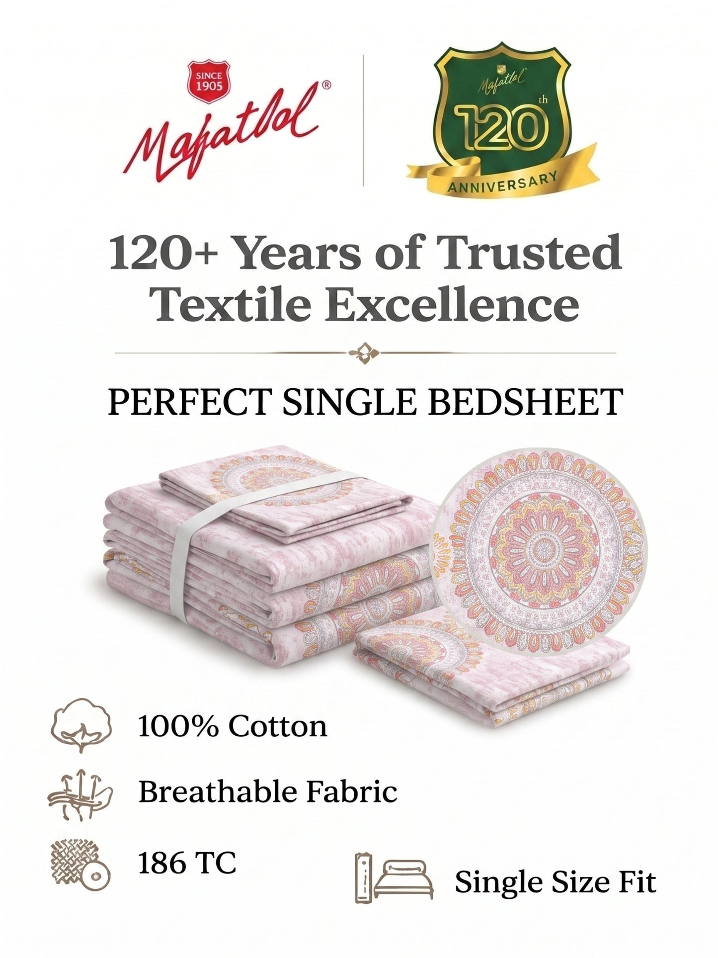 186 TC 100% Cotton Single Bedsheet | 90 x 60 Inches