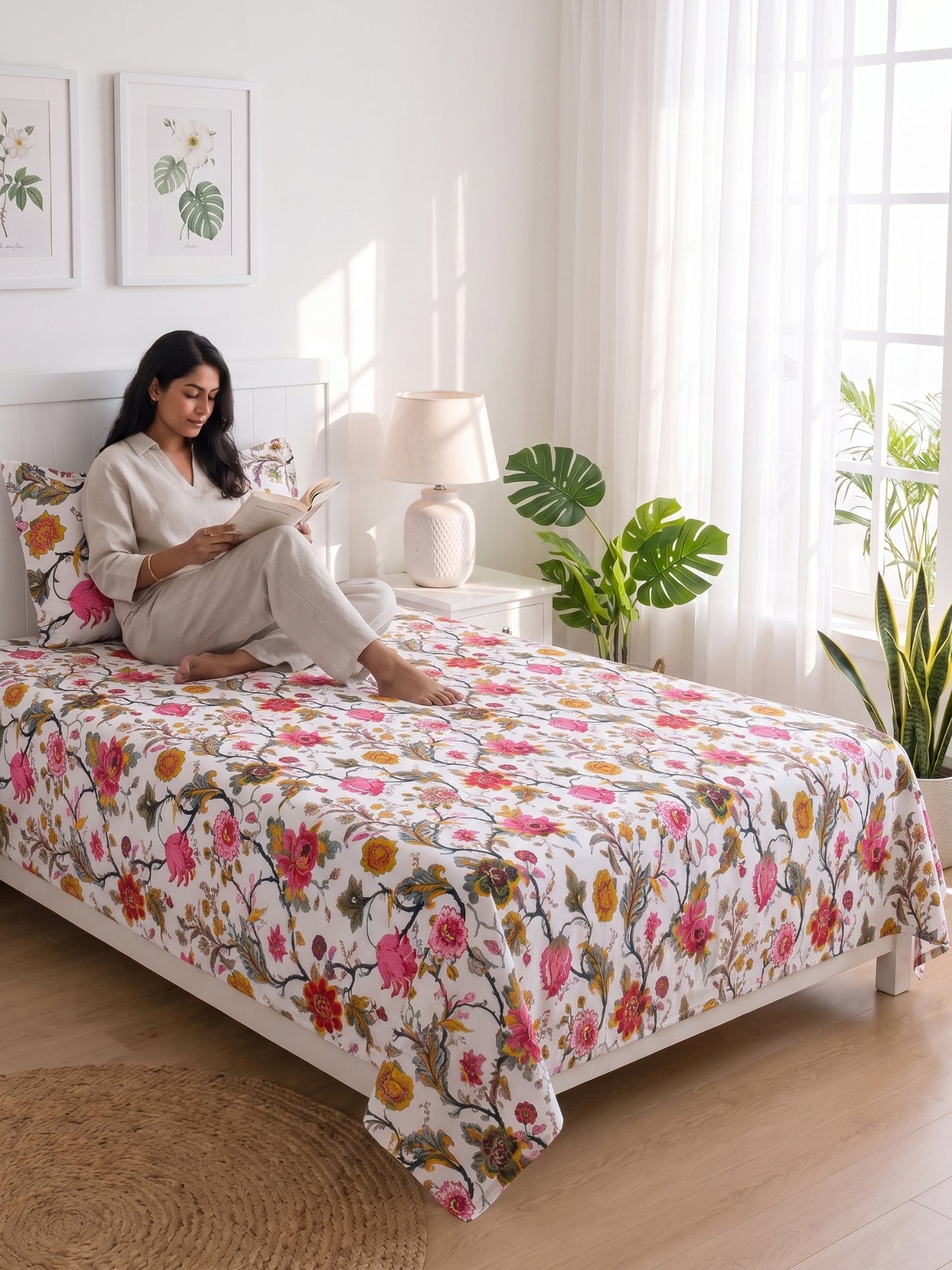 144 TC Pure Cotton Single Bedsheet 90 x 60 Inch with 1 Pillow Cover
