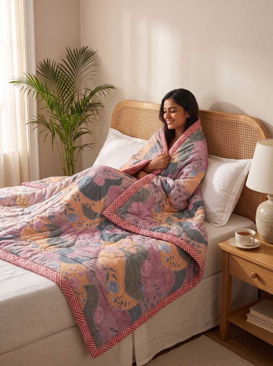 120 GSM Reversible Single Bed Comforter, Lightweight AC Comforter, 90 x 60 Inch | Blush Pink