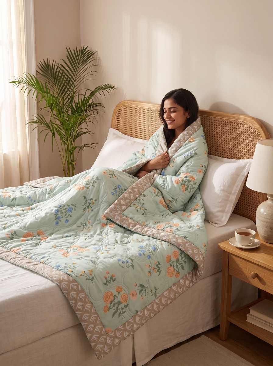 120 GSM Reversible Single Bed Comforter, Lightweight AC Comforter, 90 x 60 Inch | Light Green