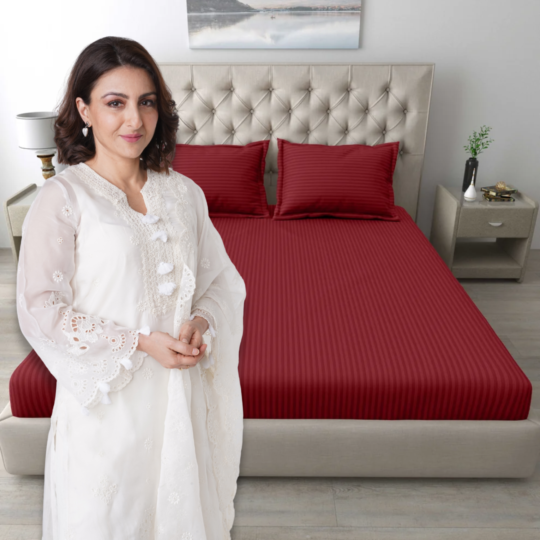 Italian Stripe King Size Bedsheet with 2 Pillow Covers | 210 TC Pure Cotton | Maroon