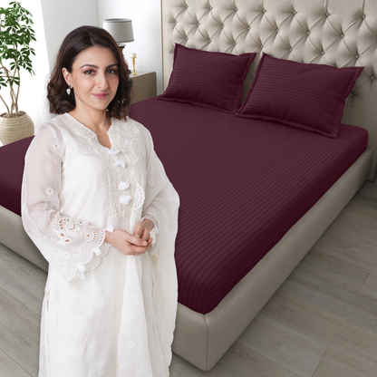 Italian Stripe King Size Bedsheet with 2 Pillow Covers | 210 TC Pure Cotton | Red