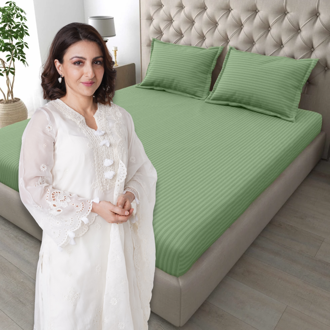Italian Stripe King Size Bedsheet with 2 Pillow Covers | 210 TC Pure Cotton | Green