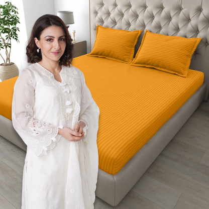 Italian Stripe King Size Bedsheet with 2 Pillow Covers | 210 TC Pure Cotton | Yellow