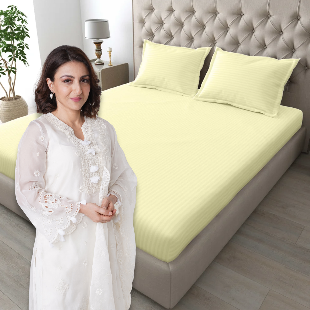 Italian Stripe King Size Bedsheet with 2 Pillow Covers | 210 TC Pure Cotton | Cream