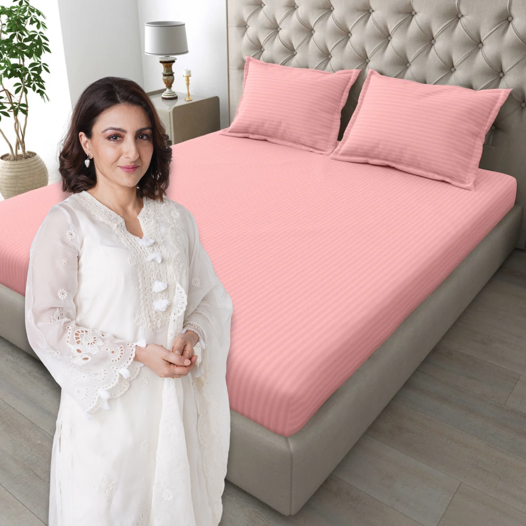 Italian Stripe King Size Bedsheet with 2 Pillow Covers | 210 TC Pure Cotton | Light Pink