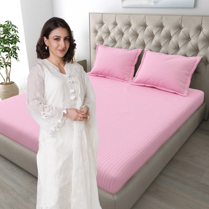 Italian Stripe King Size Bedsheet with 2 Pillow Covers | 210 TC Pure Cotton | Pink