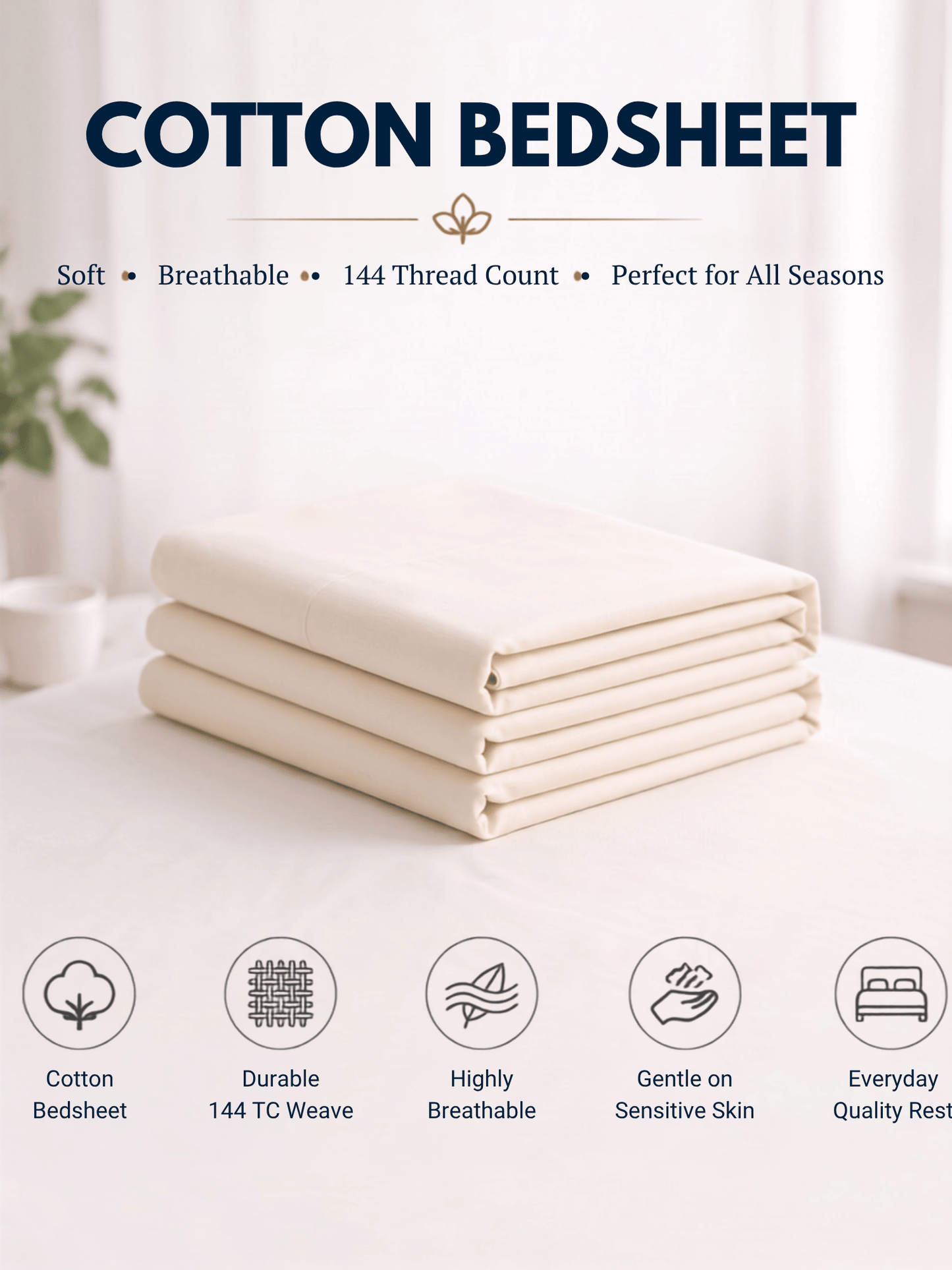 144 TC Fern Printed Cotton Single Bedsheet 90 x 60 Inches with 1 Pillow Cover – Off-White