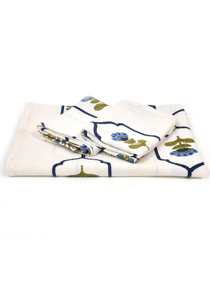 Madhuban Block Print Waffle Towel Set (1 Bath + 2 Hand)
