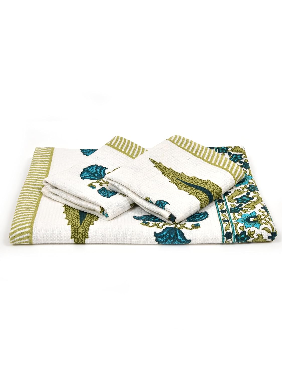 Madhuban Block Print Waffle Towel Set (1 Bath + 2 Hand)