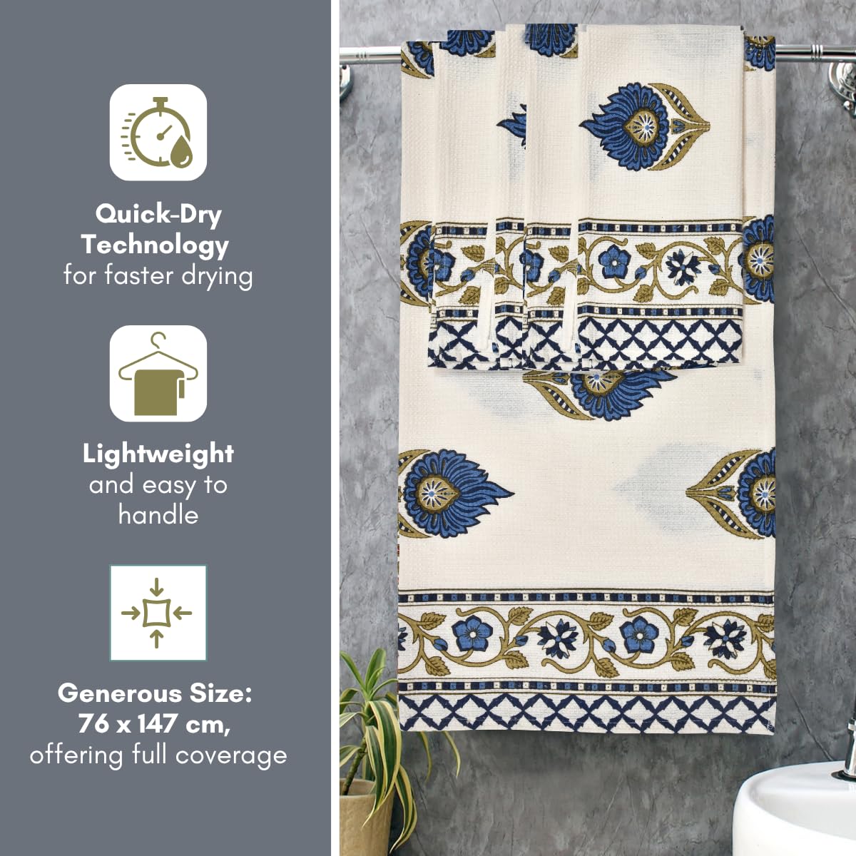 Madhuban Waffle Cotton Towel Set (1 Bath + 2 Hand)