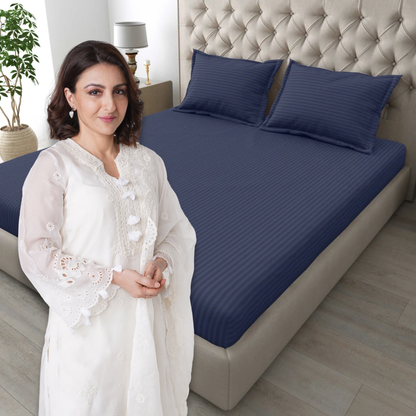 Italian Stripe King Size Bedsheet with 2 Pillow Covers | 210 TC Pure Cotton | Blue