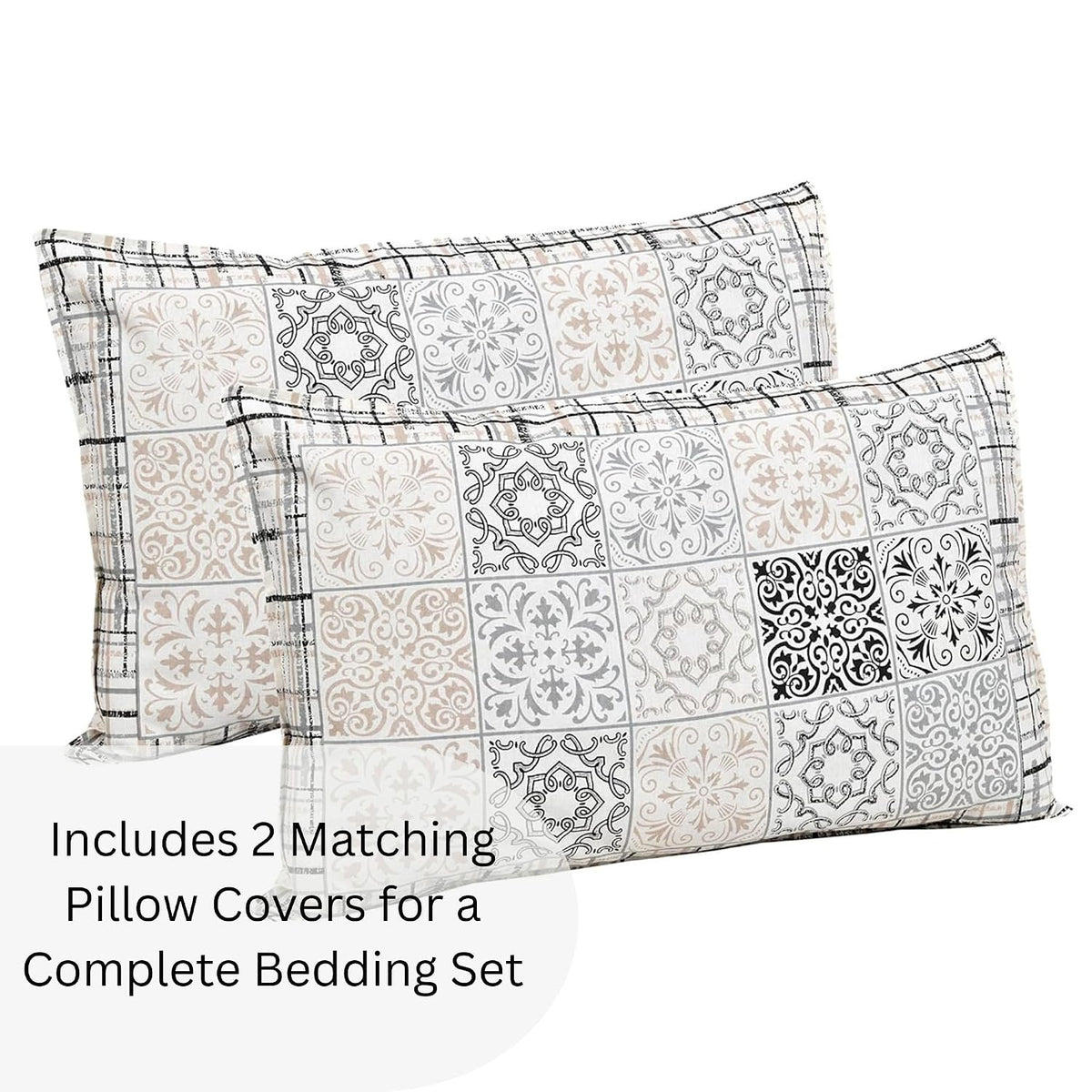 Jaipuri Printed Queen Size Cotton Bedsheet with 2 Pillow Covers | 144 TC | 90 x 108 Inches | Black White