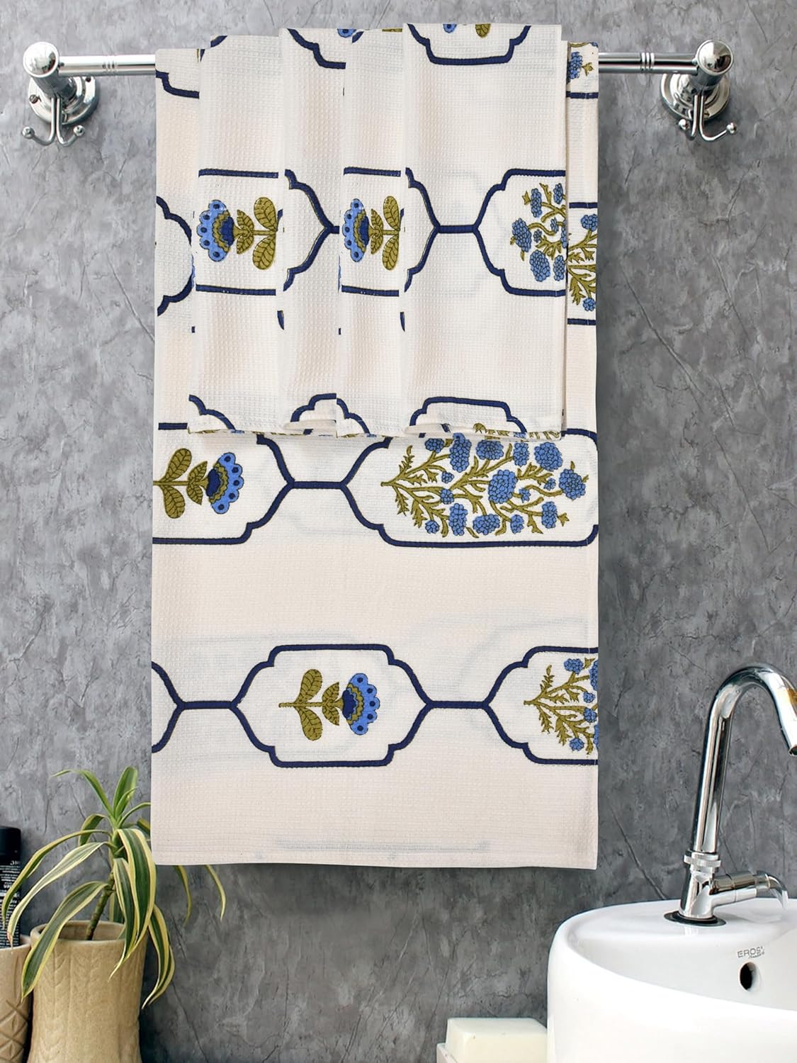 Madhuban Block Print Waffle Towel Set (1 Bath + 2 Hand)