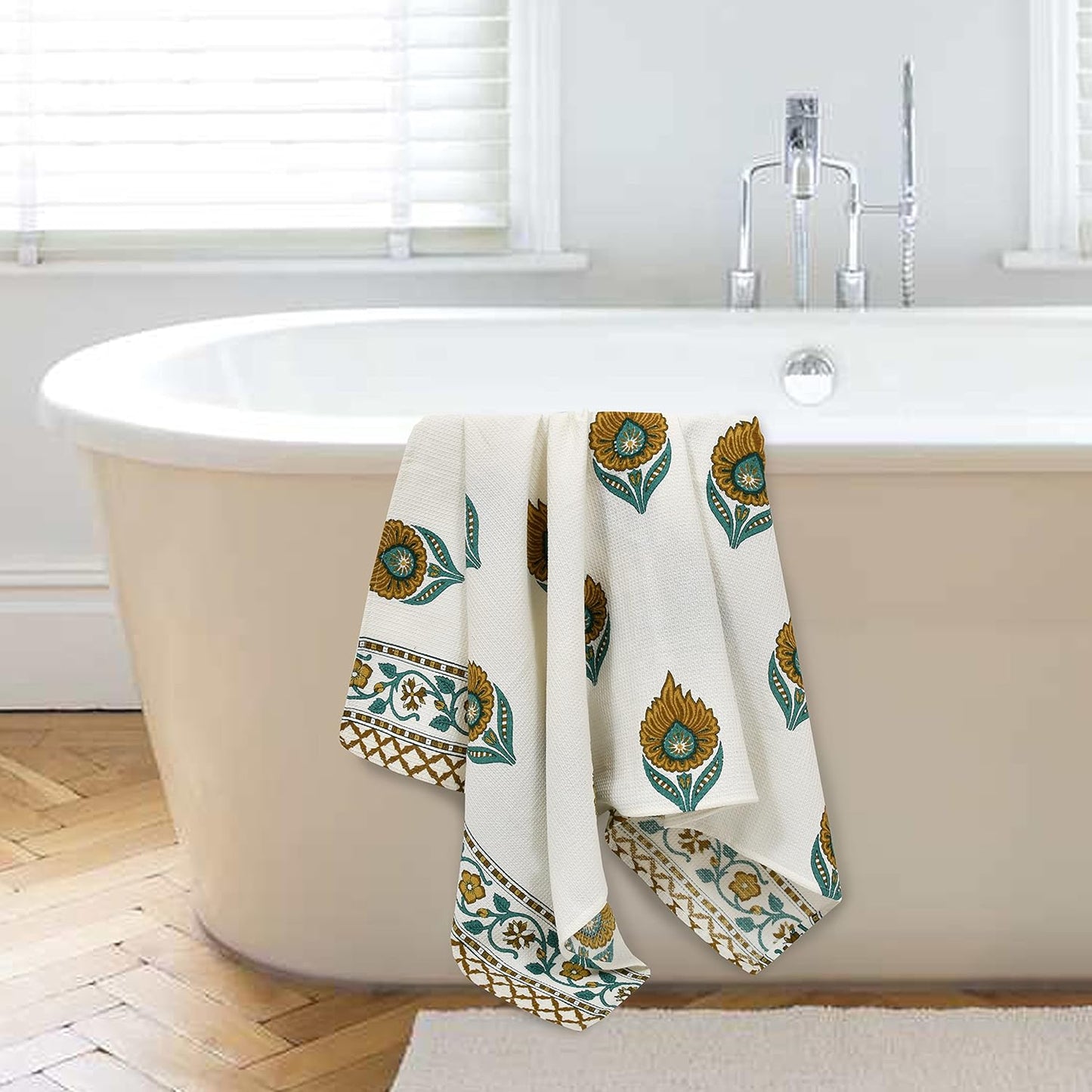 Madhuban Block Print Waffle Towel Set (1 Bath + 2 Hand) - Lifestyle
