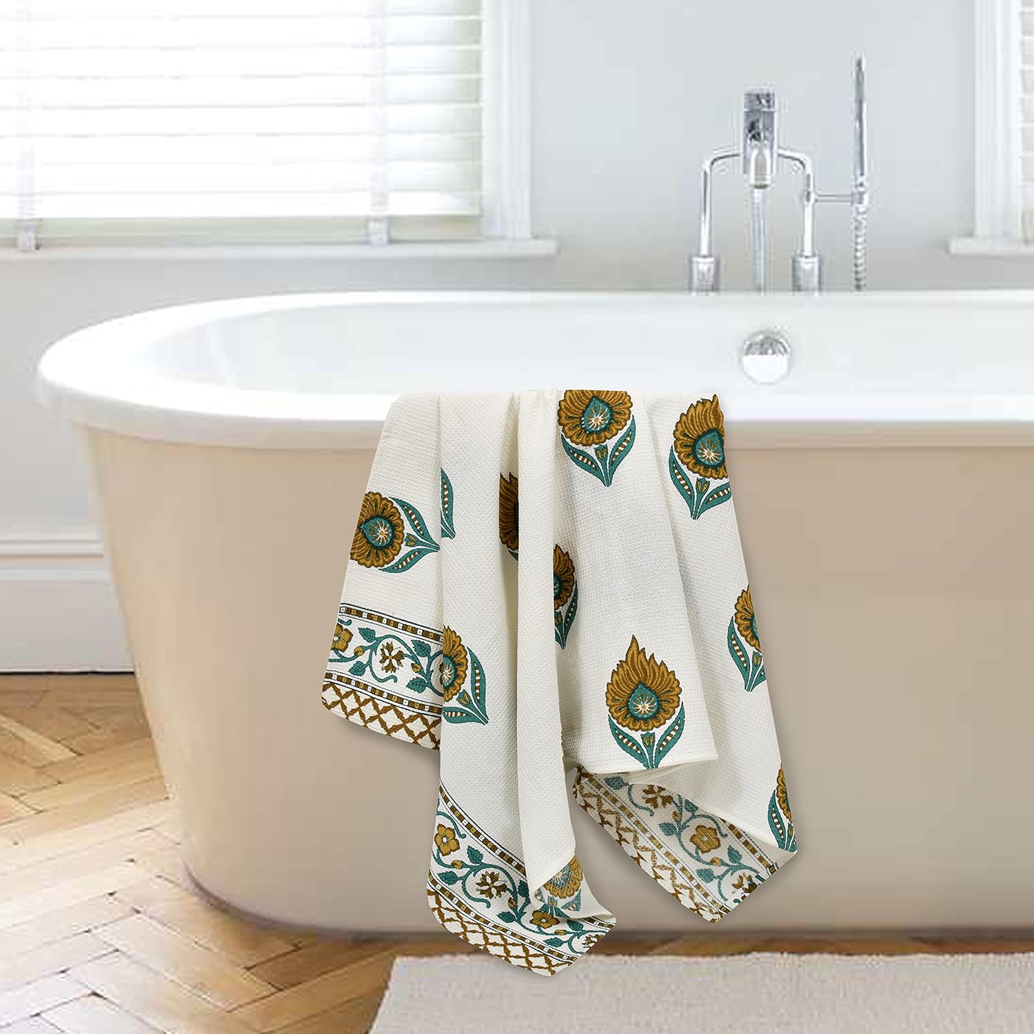 Madhuban Block Print Waffle Towel Set (1 Bath + 2 Hand) - Lifestyle