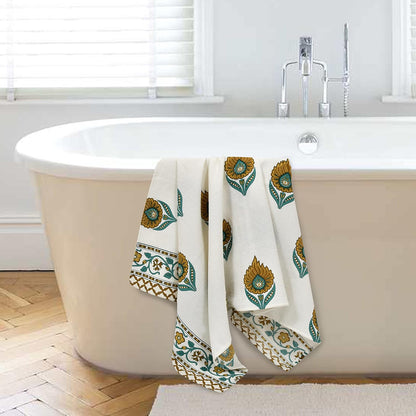 Madhuban Block Print Waffle Towel Set (1 Bath + 2 Hand) - Lifestyle