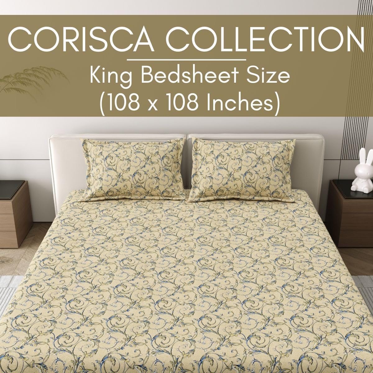 Mafatlal Corsica Bedsheet – Beige with Blue & Black, King, Cotton Percale