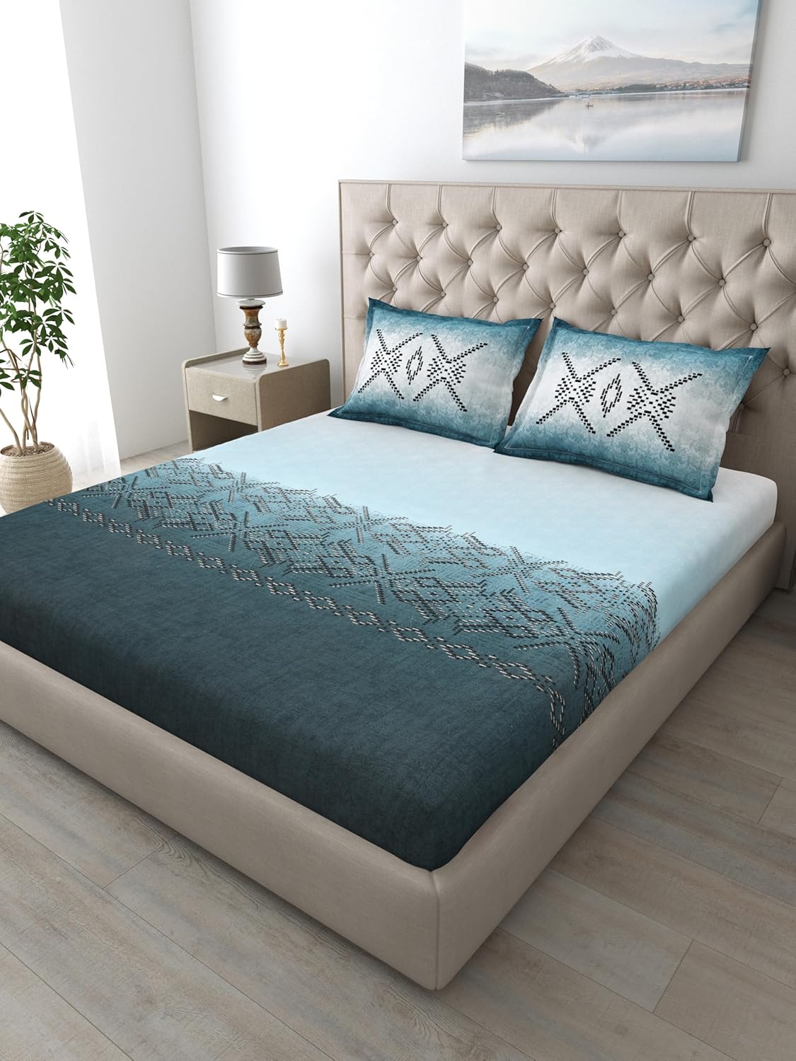 Mafatlal Autumn Delight Bedsheet – Aqua Blue, King, Cotton