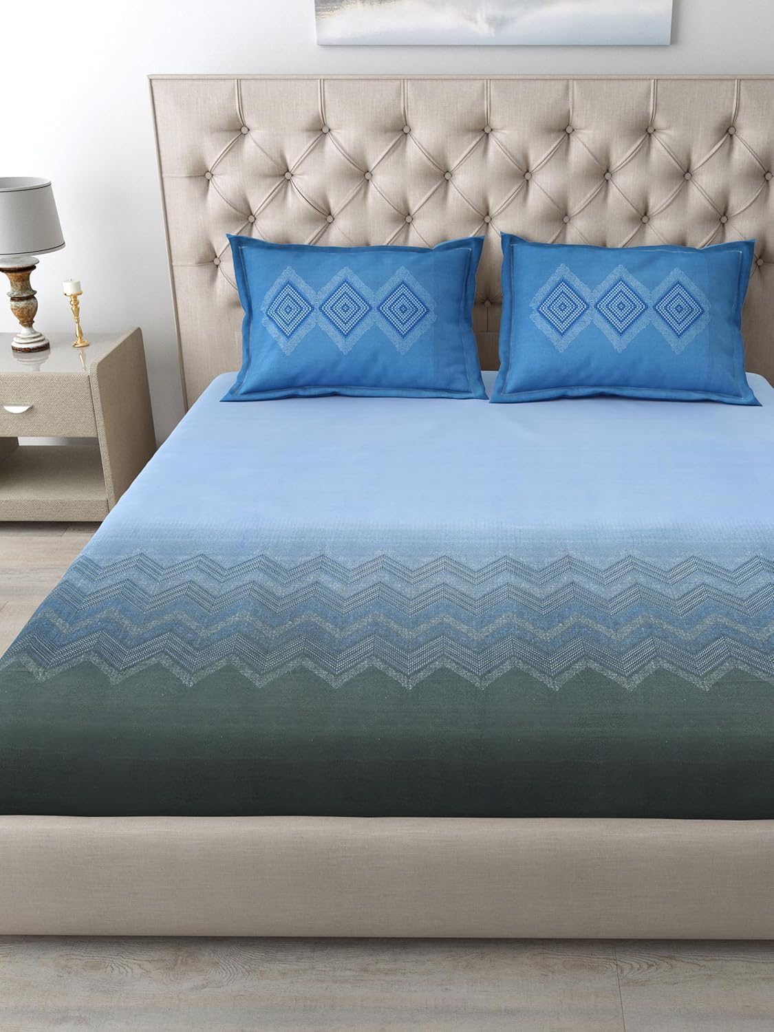 Mafatlal Autumn Delight Bedsheet – Blue & Grey, King, Cotton