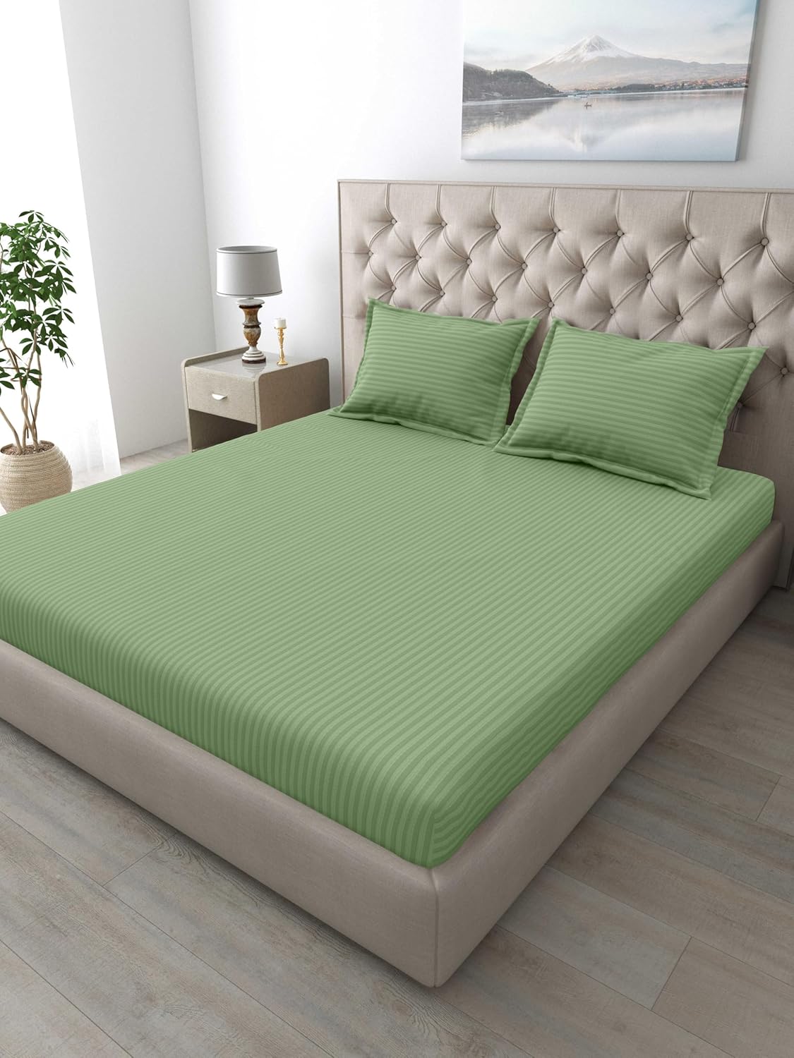 Mafatlal Italian Stripe Bedsheet – Green, King, Cotton
